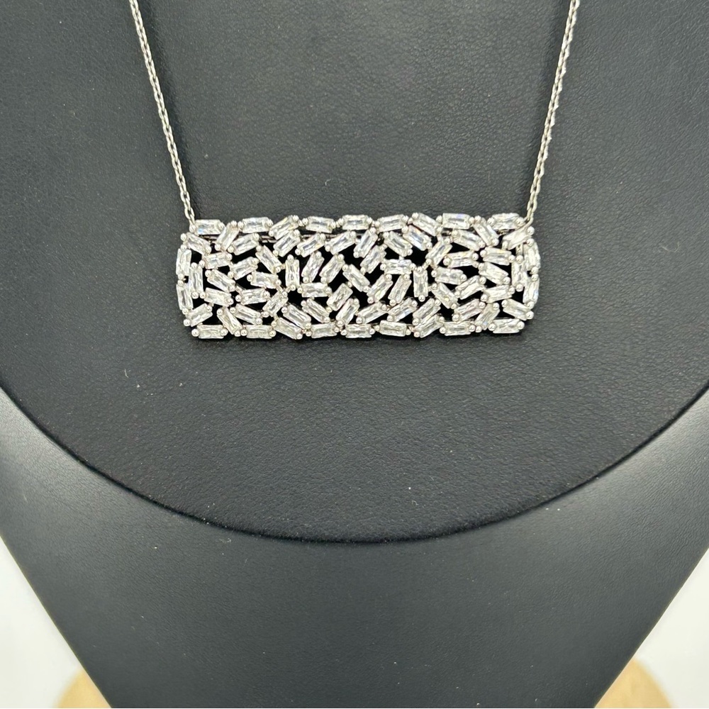 Silver Baguette Cluster Bar Pendant Necklace | CZ Sparkle | Elegant Minimalist - Picture 5 of 10